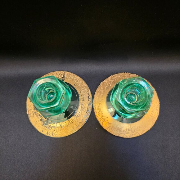 VTG Pair of Uranium Green Depression Glass Geometric Hexagon Taper Candle Holder - Picture 6 of 9